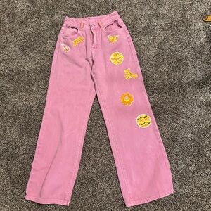Redhawk Designs Hand Crafted Pink High Rise Jeans w/Fun Patches & Deerskin sz 26